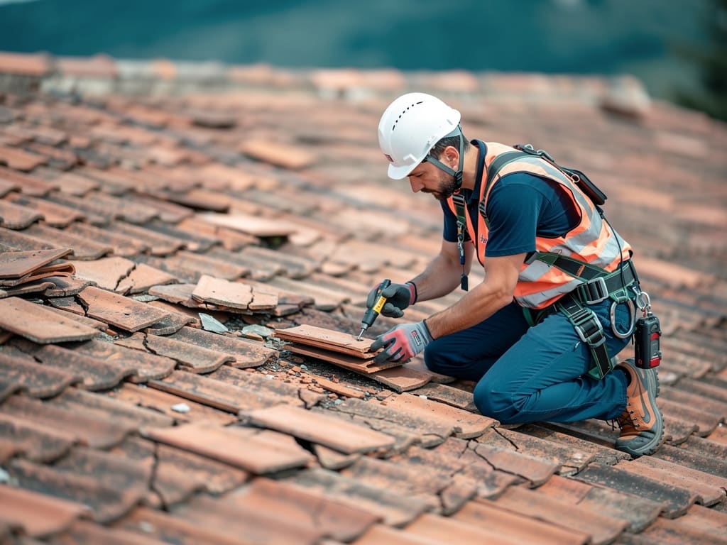 Tecnico che controlla tegole danneggiate su un tetto residenziale